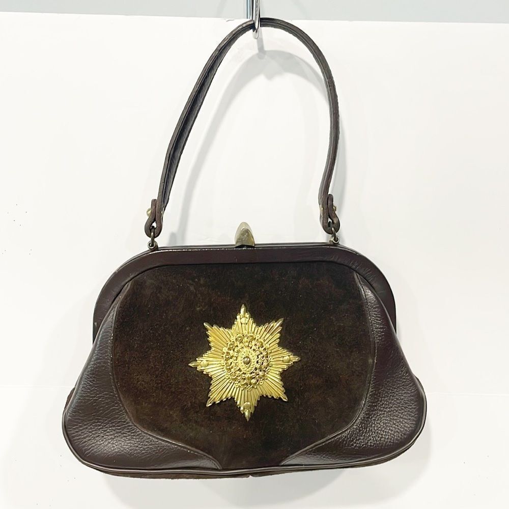 Roger Van S Gold Medallion Vintage Genuine Suede Bag Baguette‎ Brown Retro